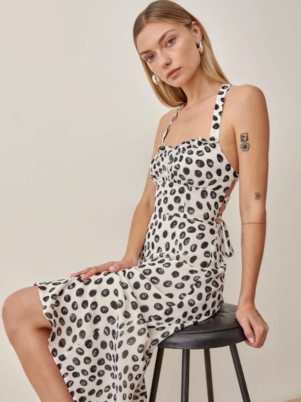 Reformation Callan Dress Ivory Black Print Open Back Midi